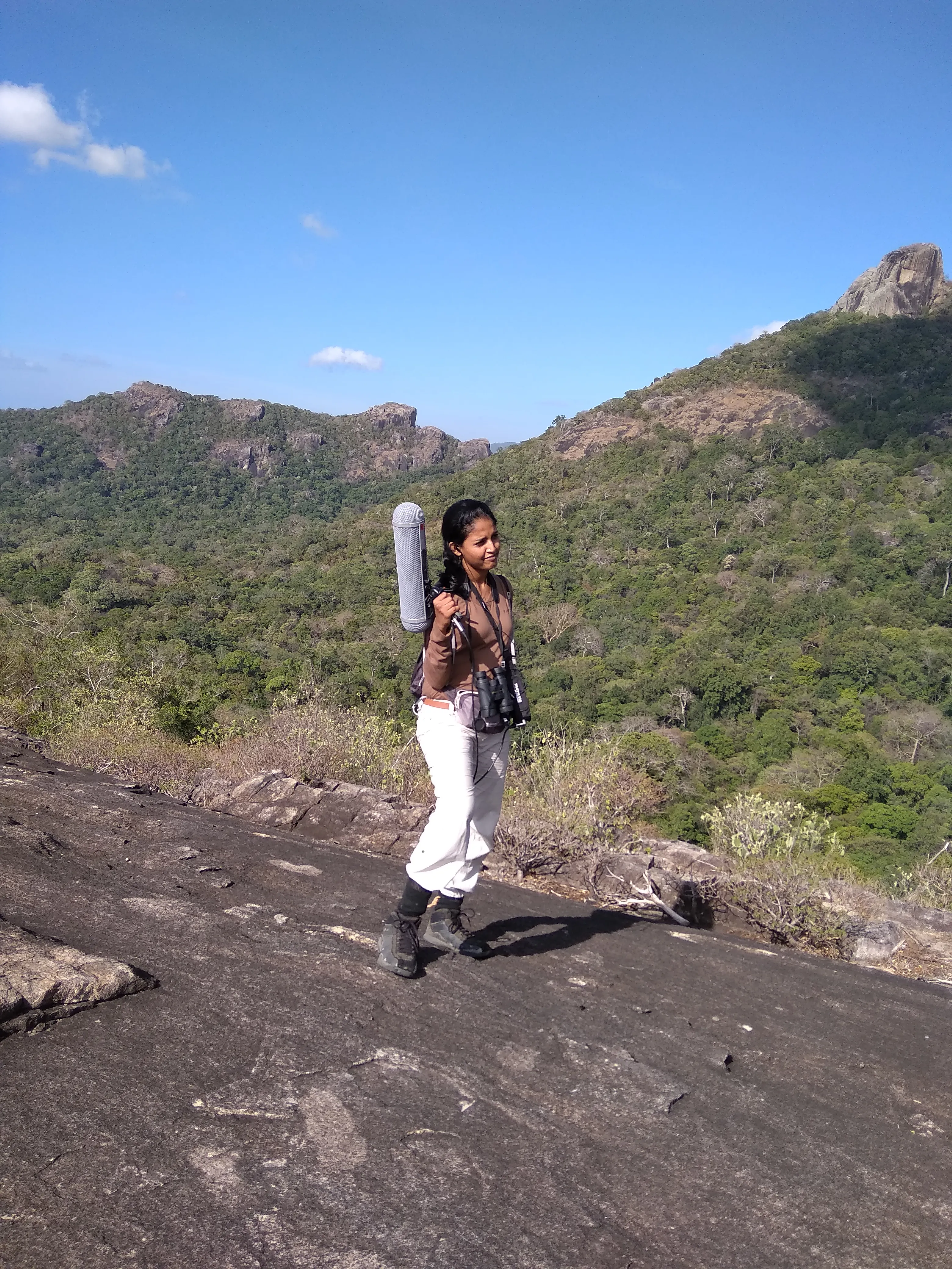Standing on a granite outcrop above the Kaludiyapokuna forest canopy, carrying a shotgun microphone and binoculars, with rock outcrops visible in the distance
